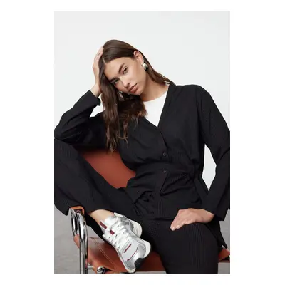 Trendyol Black Belted Oversize Ribbed Knit Tunic-Pants Set