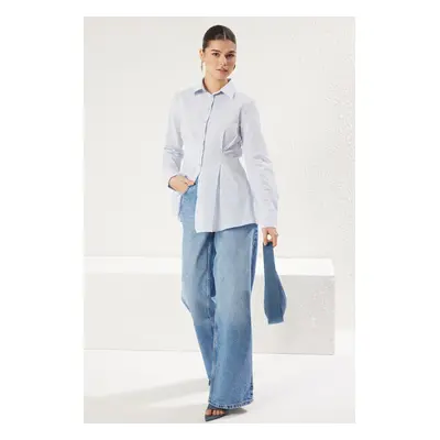 Trendyol Blue Waist Pleated Cotton Woven Shirt