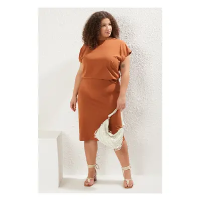 Trendyol Curve Brown Knitted Large Size Bottom-Top Set