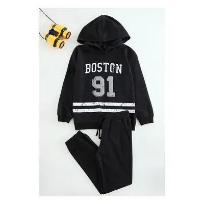 Trendyol Black*001 Boy Slogan Cotton Knitted Bottom-Top Set