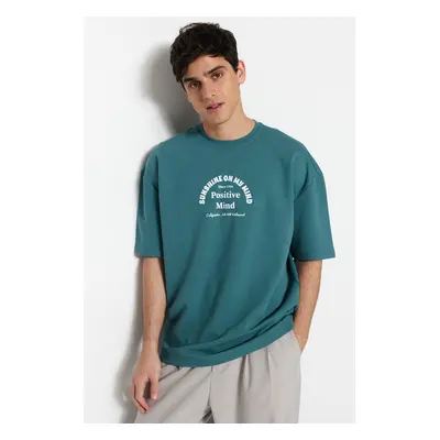 Trendyol Oversize/Wide Cut Crew Neck Short Sleeve Text Printed Cotton Thick T-Shirt