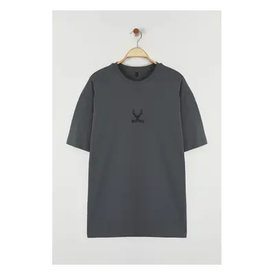 Trendyol Anthracite Oversize/Wide Cut Deer Embroidered 100% T-Shirt