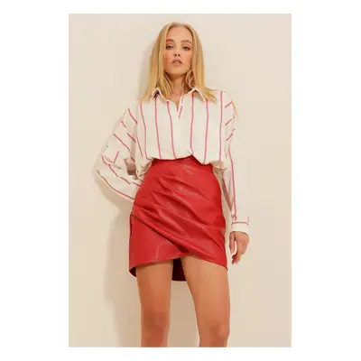 Trend Alaçatı Stili Women's Red Draped Leather Skirt