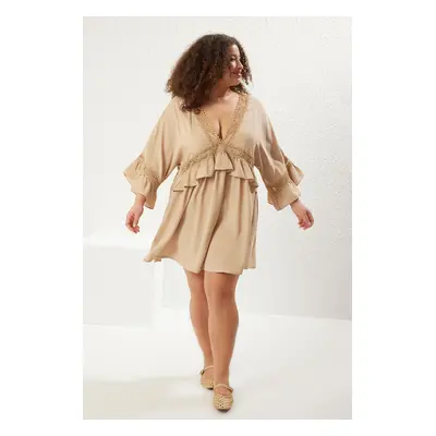 Trendyol Curve Mink Sleeve Ruffle Lace Stripe Detailed Mini Plus Size Beach Dress