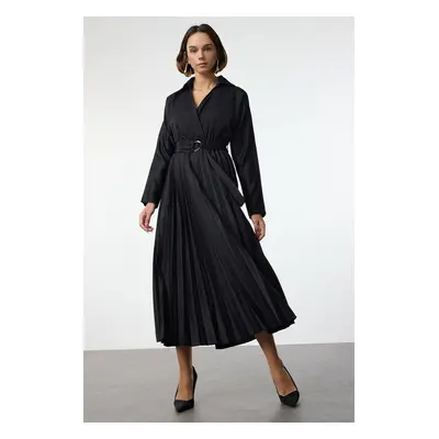 Trendyol Black Belted Skirt Pleated Double Breasted Collar Maxi Woven Dress