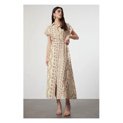 Trendyol White Belted Ethnic Patterned Midi Woven Shirt Dress