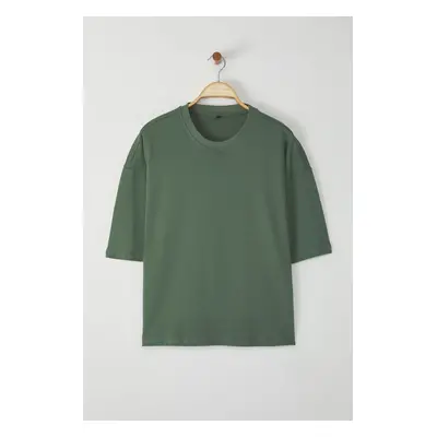 Trendyol Dark Green Boxy/Square Cut 100% Cotton Basic T-Shirt