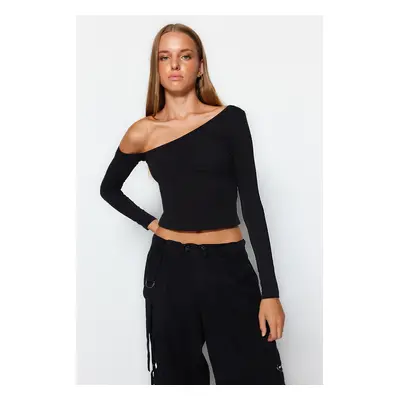 Trendyol Black One-Shoulder Cotton Elastic Fitted/Situated Crop Knitted Blouse