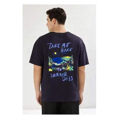 Trendyol Navy Blue 0versize/Wide Cut Text Printed 100% Cotton T-Shirt