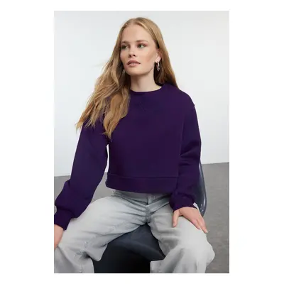 Trendyol Purple Thick Inside Fleece Relaxed/Wide Fit Crop Basic Knitted Sweatshirt