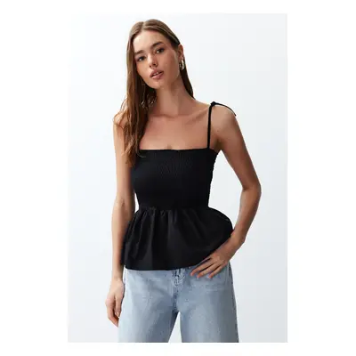 Trendyol Black Cotton Poplin Detailed Fitted Strappy Gipel Flexible Knitted Blouse