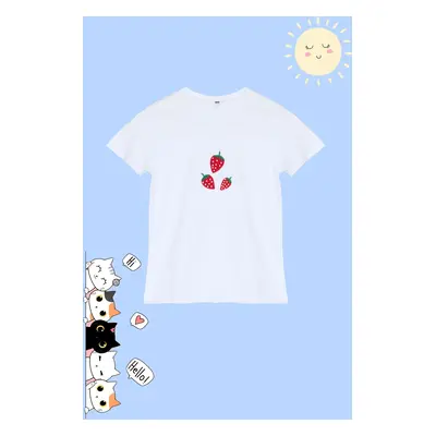 Trendyol White Girl Strawberry Patterned Cotton Knitted T-Shirt