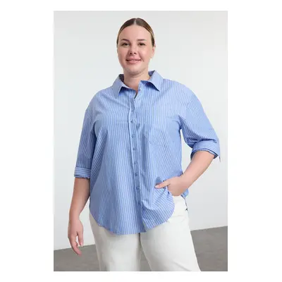 Trendyol Curve Blue Striped Boyfriend Plus Size Woven Shirt