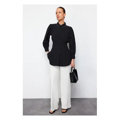 Trendyol Black Waist Fitted Pearl Detail Woven Shirt