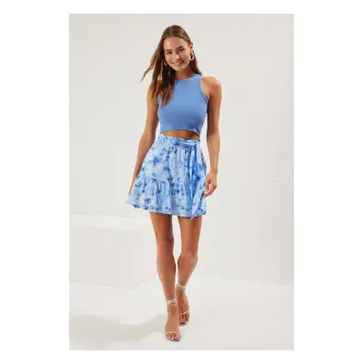 Trendyol Blue Floral Patterned Skirt with Ruffled Cotton Fabric Mini Length Woven Skirt