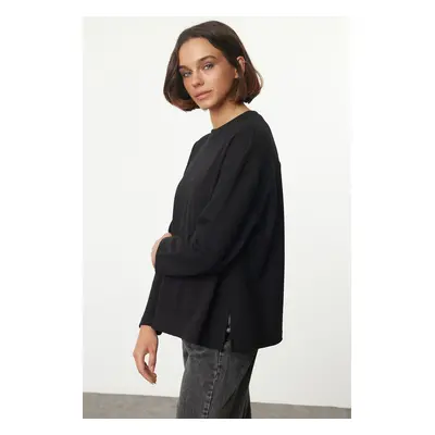 Trendyol Black Basic Relaxed/Comfortable Cut Slit Detailed Long Sleeve Knitted Blouse