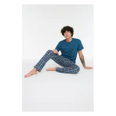 Trendyol Navy Blue Plaid Knitting 100% Cotton Regular Fit Pajama Set