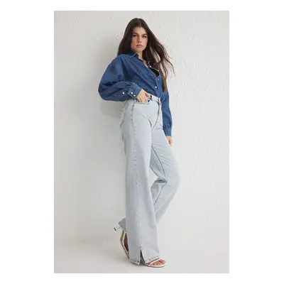 Trendyol Light Blue Slit Hem High Waist Wide Leg Jeans