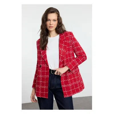 Trendyol Red Oversize Woven Plaid Blazer Jacket