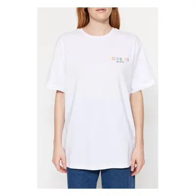 Trendyol White 100% Cotton Front and Back Printed Boyfriend Fit Crew Neck Knitted T-Shirt