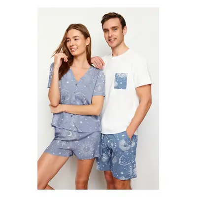 Trendyol Women's Couple/Pair Blue Galaxy Pattern Viscose Woven Pajamas Set