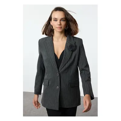 Trendyol Anthracite Premium Striped Rose Detailed Woven Blazer Jacket