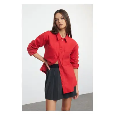 Trendyol Red Double Pocket Oversize/Wide Pattern Cashmere Woven Shirt