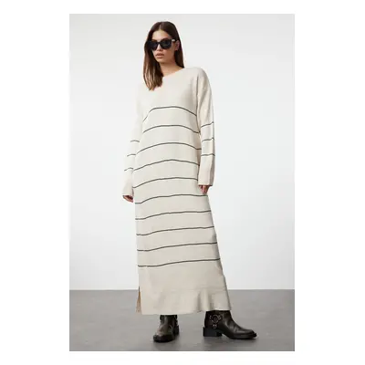 Trendyol Stone Green Striped Long Knitwear Dress