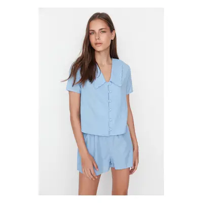 Trendyol Blue 100% Cotton Collar Detail Woven Pajama Set with Shorts