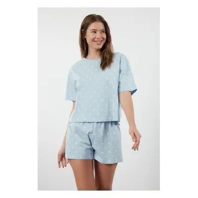 Trendyol Blue 100% Cotton Polka Dot and Heart Shorts Knitted Pajama Set