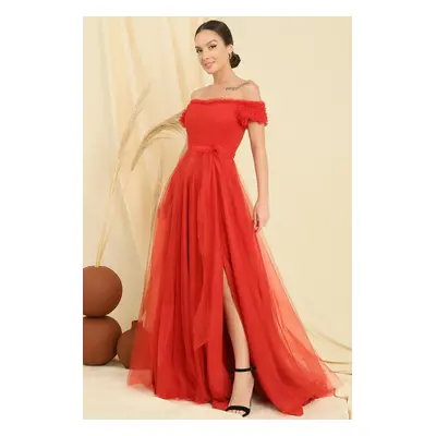 By Saygı Frilly Belted Collar And Sleeves Lined Long Tulle Dress