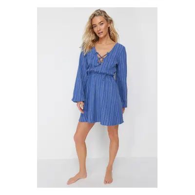 Trendyol Blue Mini Woven Tie Linen Blended Beach Dress