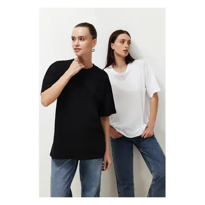 Trendyol Black and White 2-Pack 100% Cotton Oversize/Wide Fit Crew Neck Knitted T-Shirt