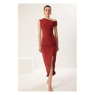 Trendyol Brick Red Boat Neck Stretchy Maxi Knit Dress