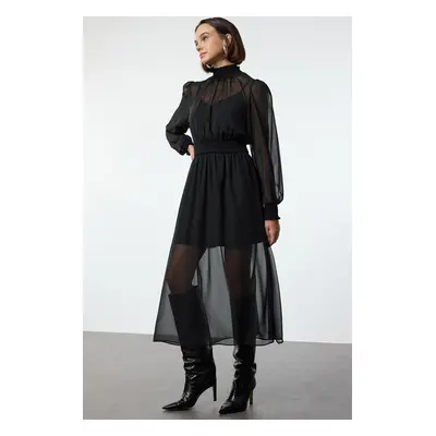 Trendyol Black Plain Waist Opening Gathered Stand Collar Midi Chiffon Lined Woven Dress