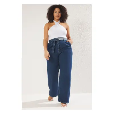 Trendyol Curve Blue High Waist Belted Wide Leg Plus Size Jeans