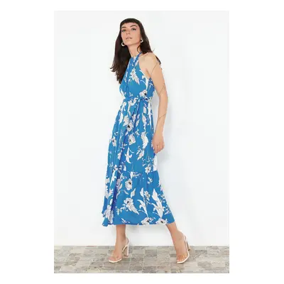 Trendyol Indigo Animal Shift Halter Neck Maxi Lined Woven Dress