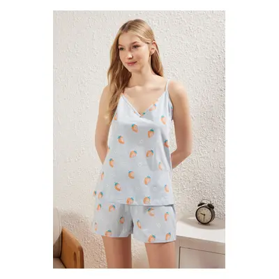 Trendyol Light Blue 100% Cotton Strawberry Patterned Knitted Pajama Set with Shorts