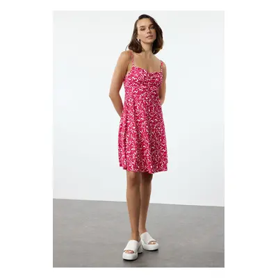 Trendyol Fuchsia Floral Patterned Textured Straps Stretch Detailed Flexible Knitted Mini Dress