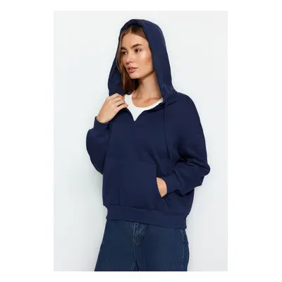 Trendyol Navy Blue Thick Fleece Hooded and Zippered Basic Oversized Knitted Sweatshirt