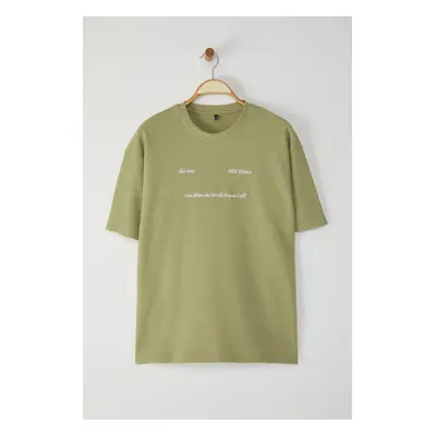 Trendyol Mint Oversize/Wide Cut Embroidered Textured T-Shirt