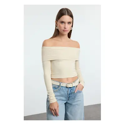 Trendyol Stone Carmen Collar Crop/Short Flexible Knitted Blouse