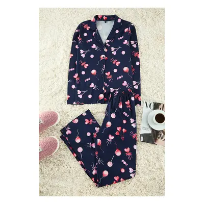 Trendyol Navy Blue 100% Cotton Heart Knitted Pajama Set