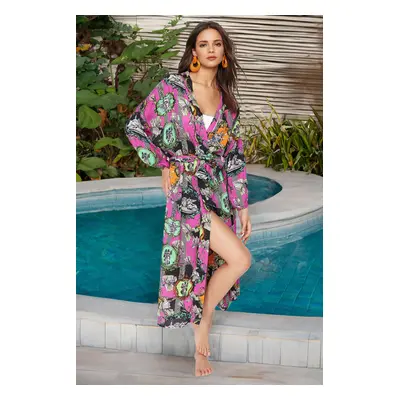 Trendyol Abstract Patterned Belted Maxi Woven 100% Cotton Beach Kimono & Kaftan