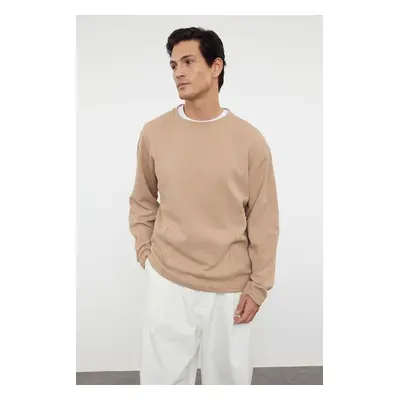 Trendyol Camel Regular Fit Textured Crew Neck T-Shirt with Stitching Details