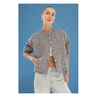 Trendyol Grey Floral Pattern Oversize Denim Bomber Jacket