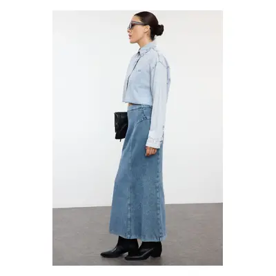 Trendyol Blue Stitch Detailed High Waist Maxi Denim Skirt