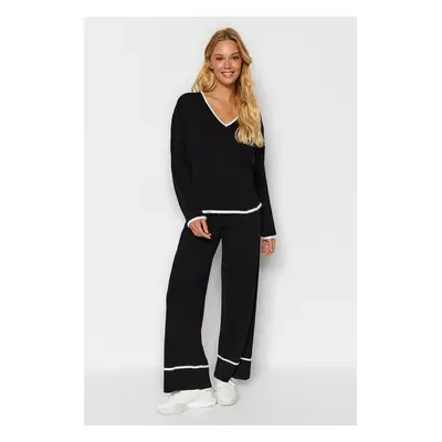 Trendyol Black Wide Pattern Hairy Yarn Garnished Knitwear Top-Bottom Set