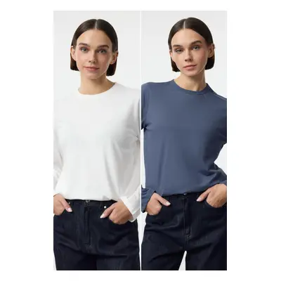 Trendyol Ecru-Indigo Pack Crew Neck Regular/Normal Cut Knitted T-Shirt