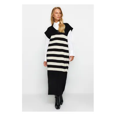 Trendyol Black V Neck Striped Knitwear Sweater Dress